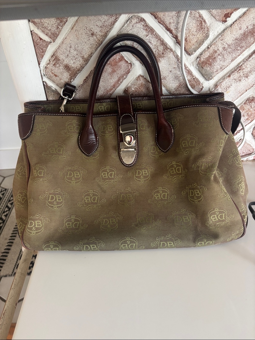 Patterned Canvas Purse - Olive Green with Brown Leather Trim